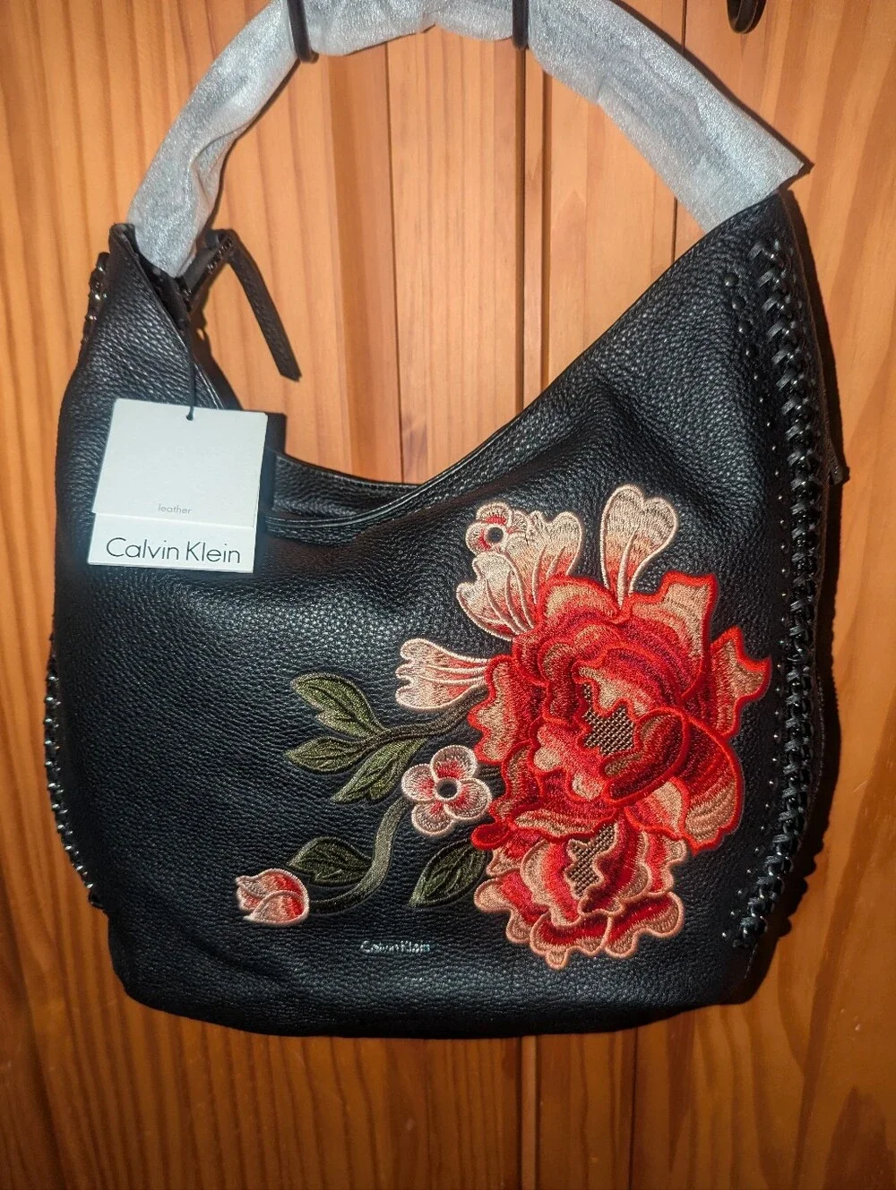 Calvin Klein Samira Black Leather Hobo Bag with Red Floral Embroidery NWT